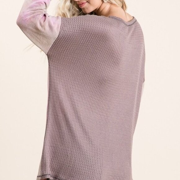 BiBi Thermal Waffle Color Block Top with Tie Dye - Picture 2 of 3